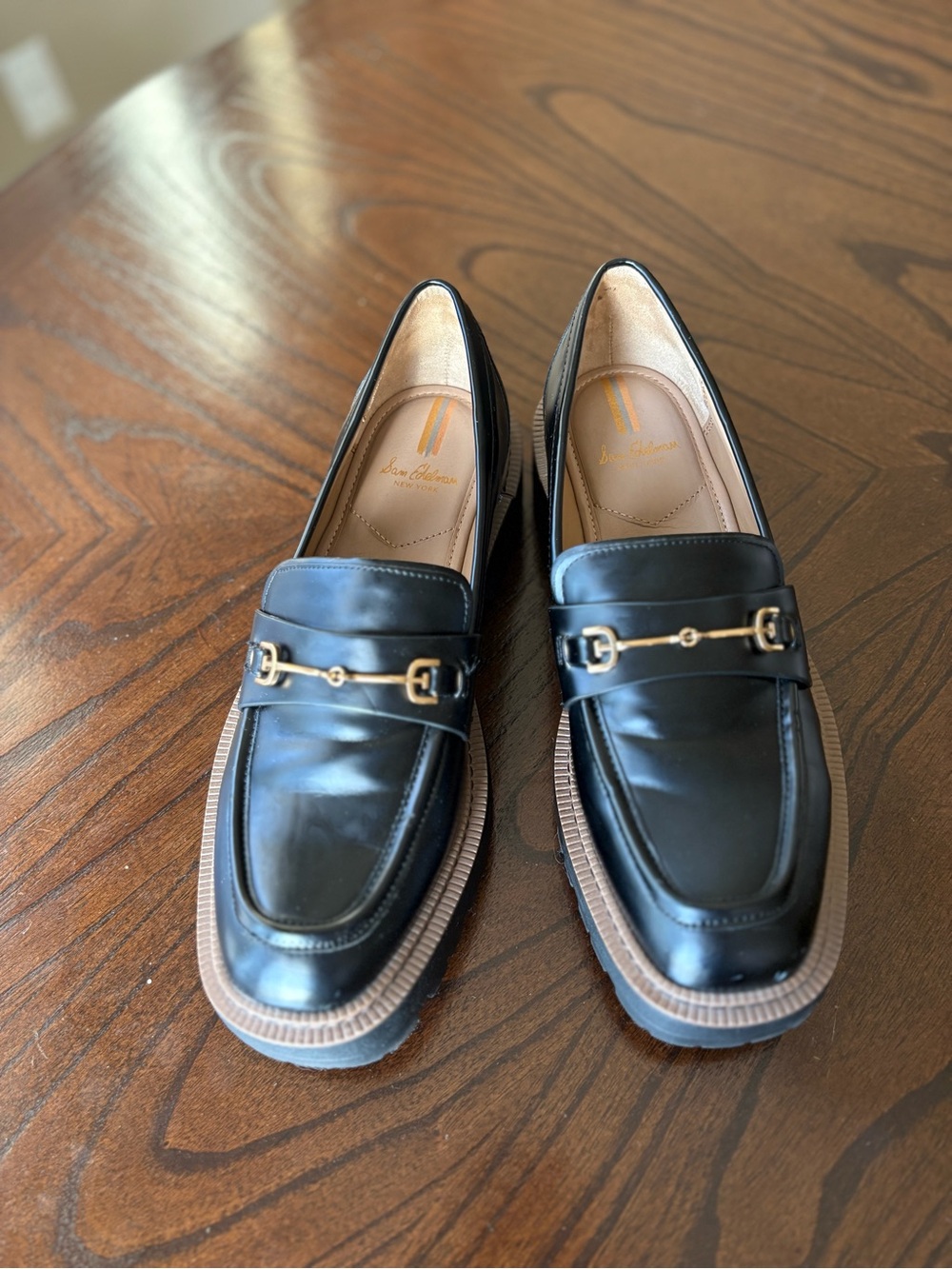 Sam Edelman Black Leather Lug Sole Loafers with Gold Bit - Picture 4 of 6